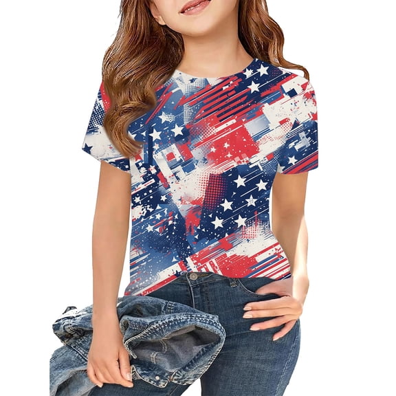 Grblisyd 4th of July Girls T Shirts Red White Blue Kids Summer Tops Crewneck Short Sleeve Patriotic Graphic Tees 7-8 Years