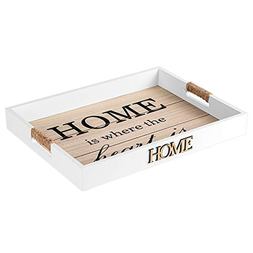 Hendson Serving Tray 16X12 Kitchen Wooden Decorative Tray for Ottoman Coffee Table Home Sign White Farmhouse Tray With Handles For Living Room Home Is Where The Heart Is 