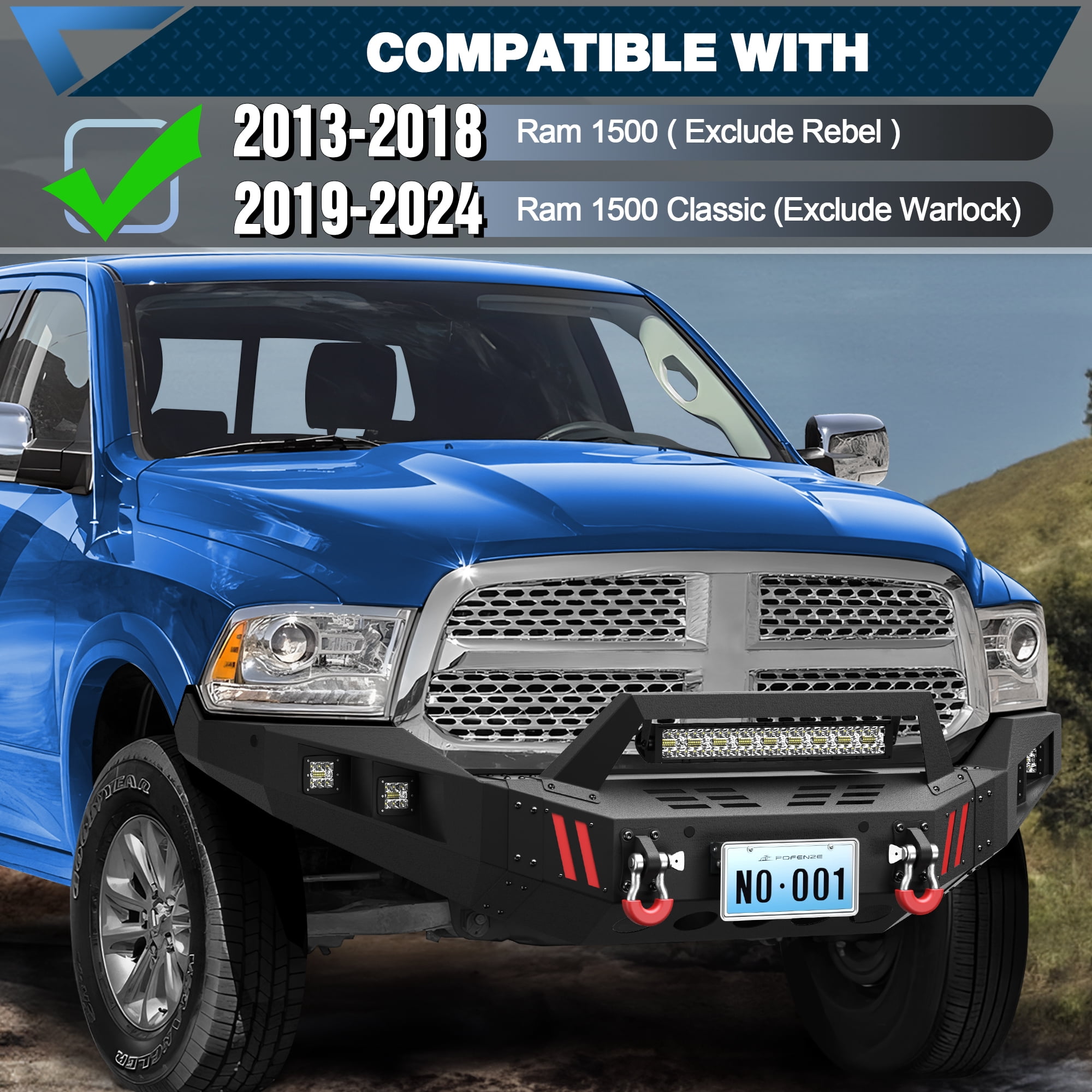 POFENZE Front Bumper for Dodge Ram 1500 2013-2018 and Ram 1500 2019-2024 Classic Truck Bumper for Ram 1500 with Winch Plate