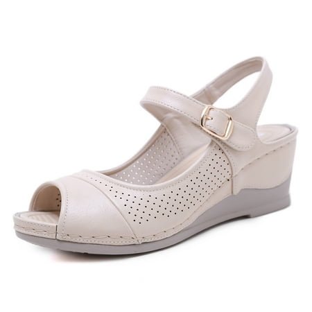 Roman Sandals Women s Soft Sole Comfortable Mother s Shoes Summer Leather Fish Mouth Thick Heel Hollow Out Non Slip Sandalis