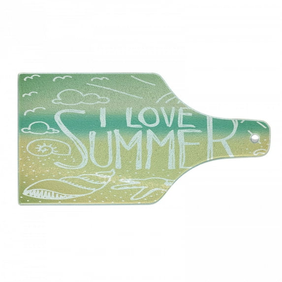 Vintage Cutting Board, Words over Blured Seaside Beach Background Sunny Skies Print, Decorative Tempered Glass Cutting and Serving Board, Wine Bottle Shape, Turquoise Beige, by Ambesonne