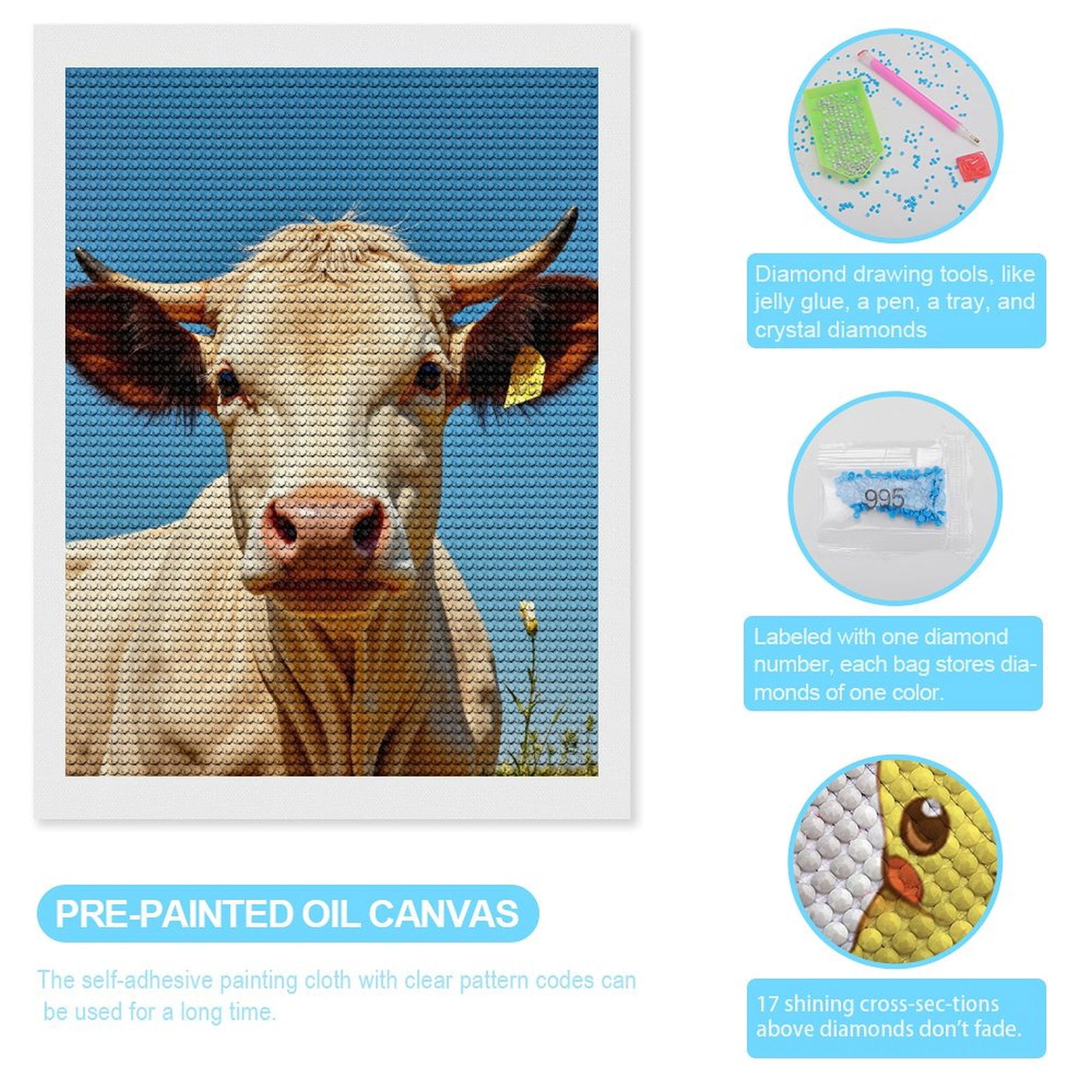 Diamond Art Kits for Adults, Creamy Steer Blue Sky Tag 5D Diamond Painting Kits for Adults Beginners, DIY Full Drill Diamond Painting, Gem Art and Crafts 12x16
