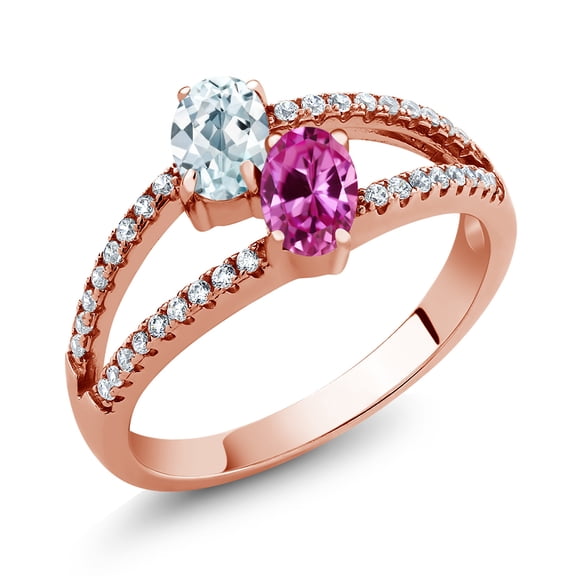Gem Stone King 1.41 Ct Sky Blue Aquamarine Pink Created Sapphire 18K Rose Gold Plated Silver Ring (Size 7)