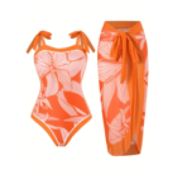 Floral One Piece Swimsuit for Women with Skirt - Tangerine Tropical Print Bathing Suit; High Waist Swimdress; Retro Vintage Swimwear; Summer Beach Vacation Outfits
