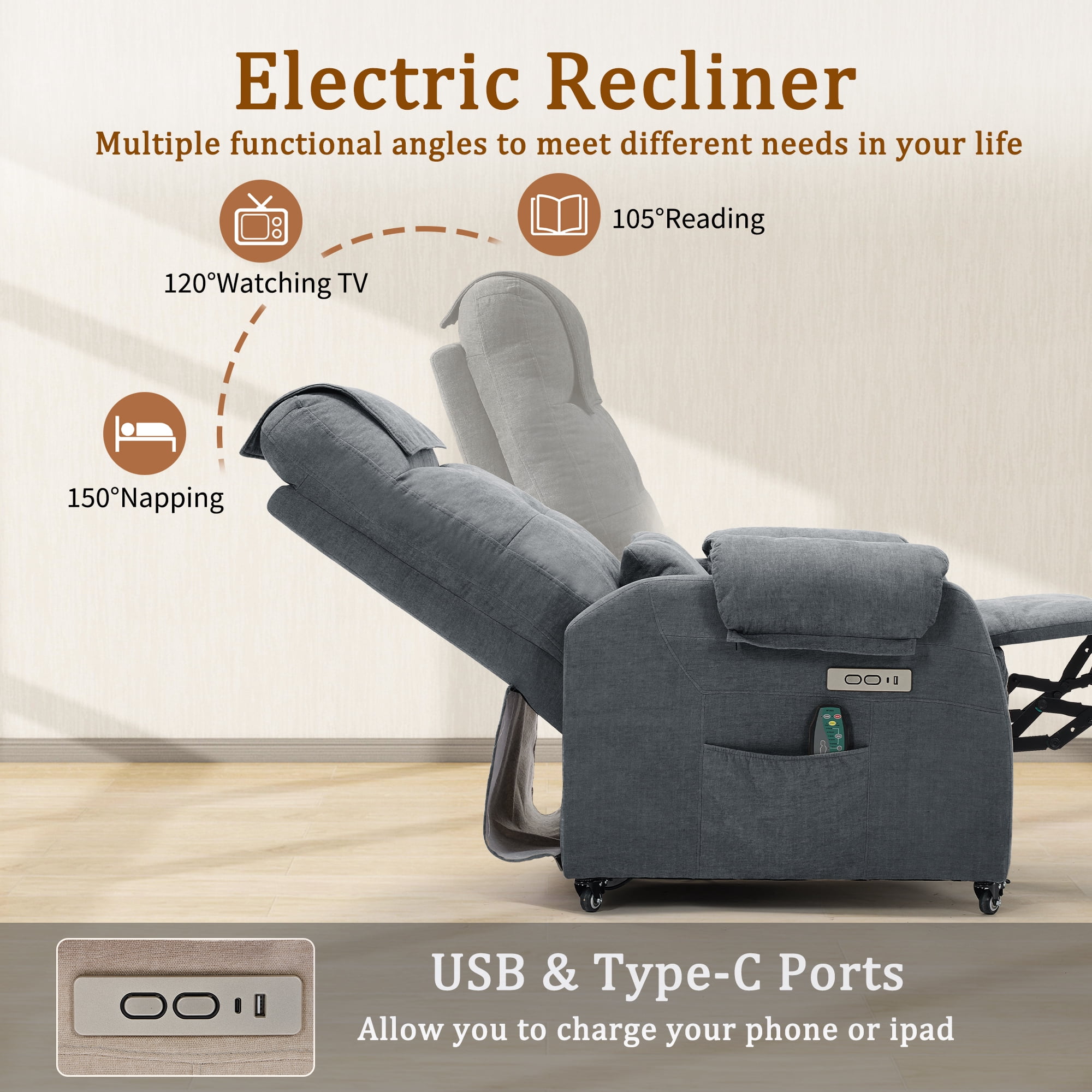 Korser Power Small Recliner Chair for Small Spaces with Wheels and USB Ports for Living Room,Charcoal Gray
