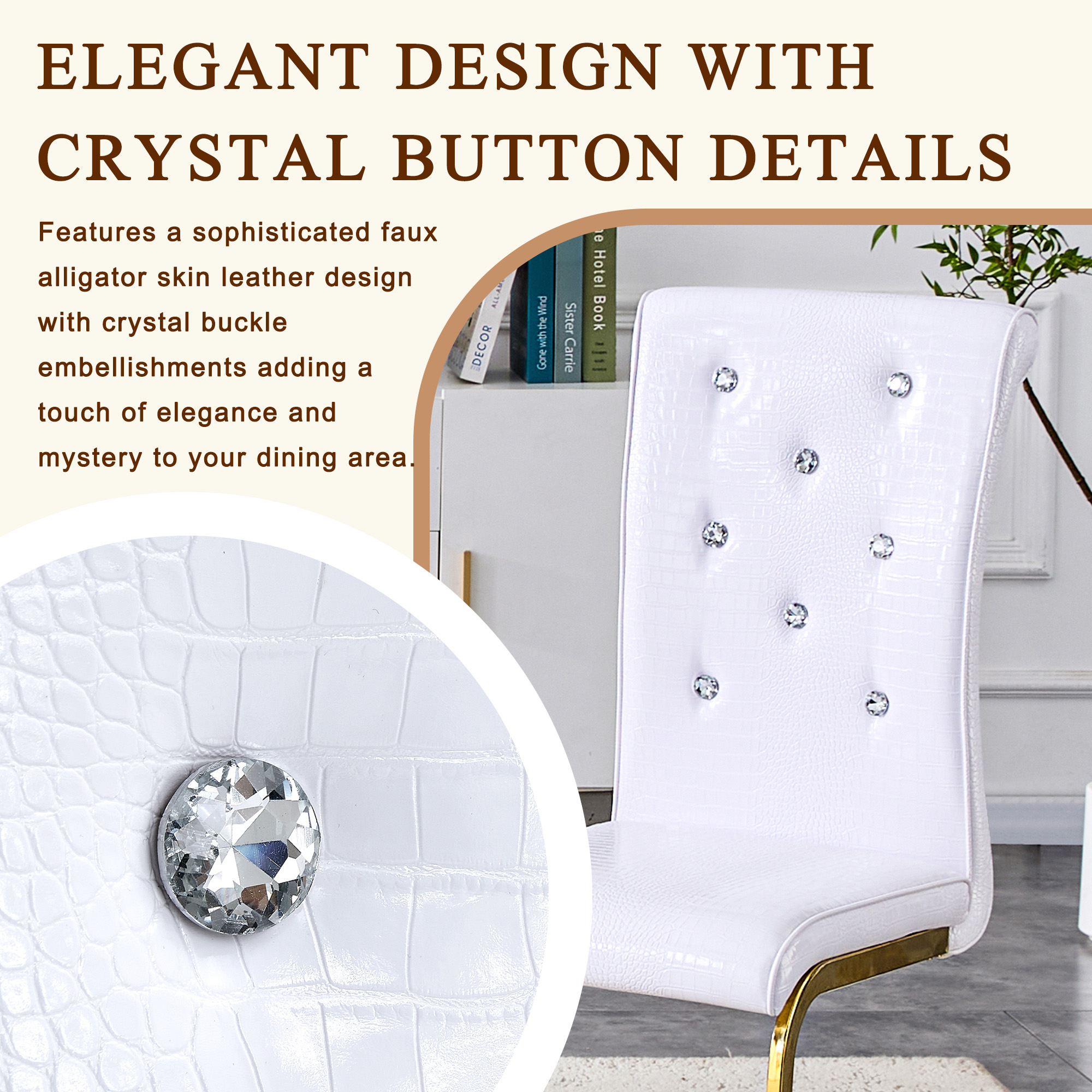 Aukfa Modern Dining Chairs Set of 2 , 400 lbs Heavy-Duty Faux Alligator Leather Kitchen Chairs with Crystal Button Tufted High Back,White