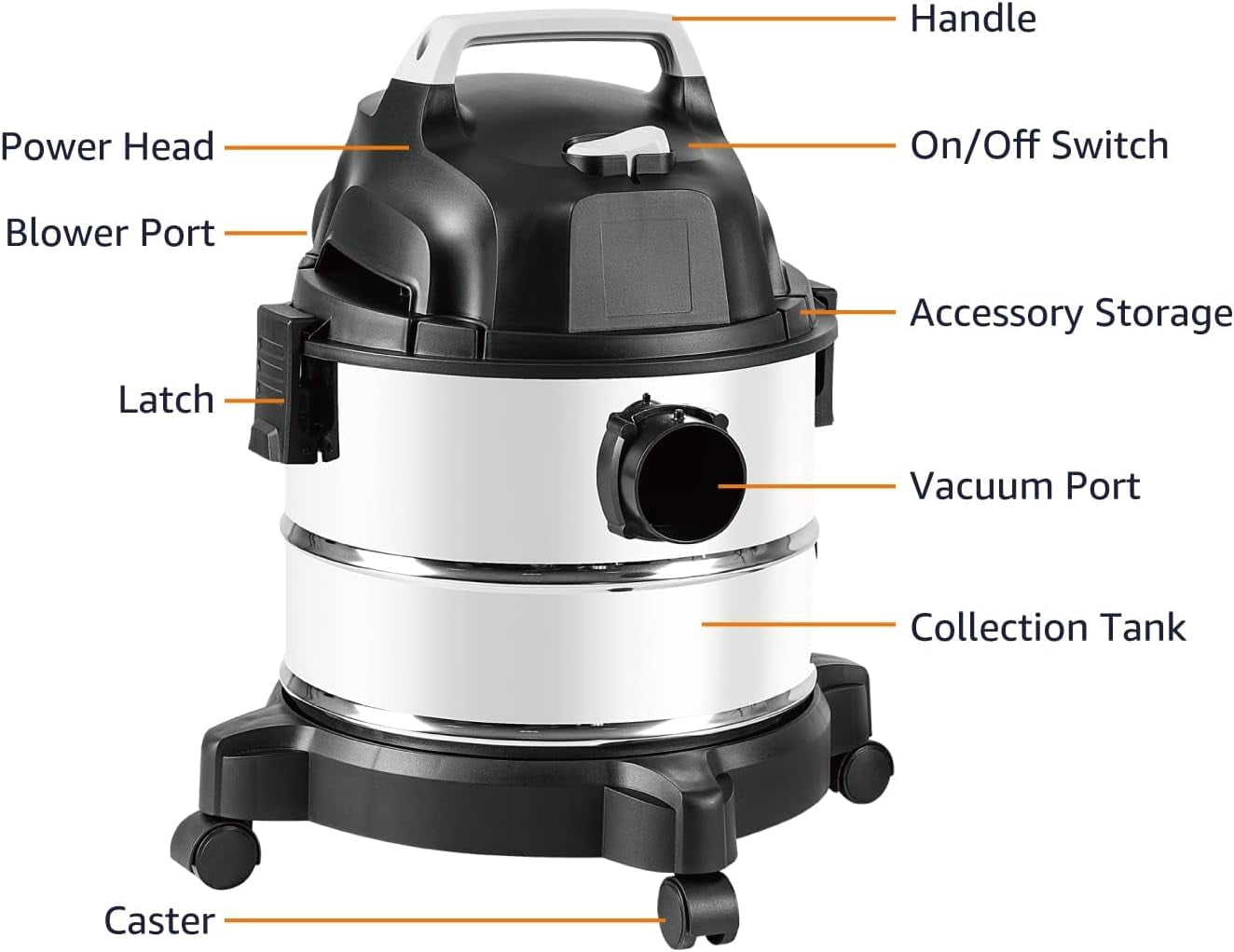 Wet Dry Shop Vacuum Cleaner, 4 Gallon, 3 HP Stainless Steel, Grey/Black