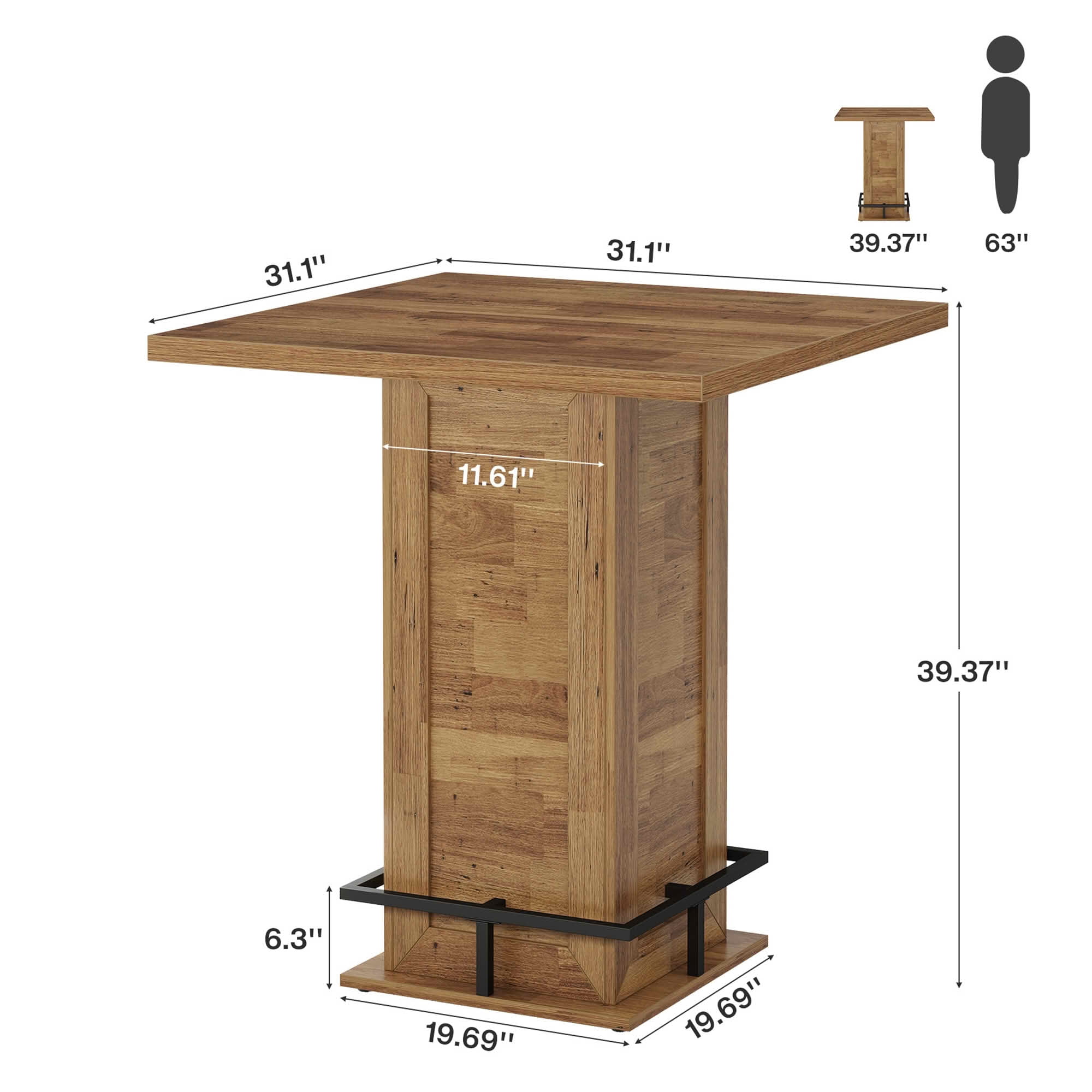 MAYEERTY Industrial Square Bistro Pub Table, 39 Inch Counter Height Bar Cocktail Table for Home Dining and Small Gathering