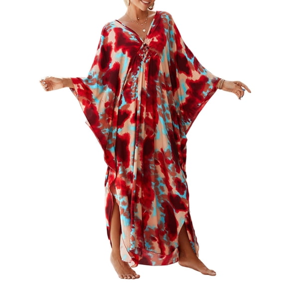 CIENVNSTG Womens Plus Size Swimsuit Cover Up Floral Print Lightweight Kaftan Dress with Kimono Sleeves for Beach Pool and Summer Loungewear Wine One Size