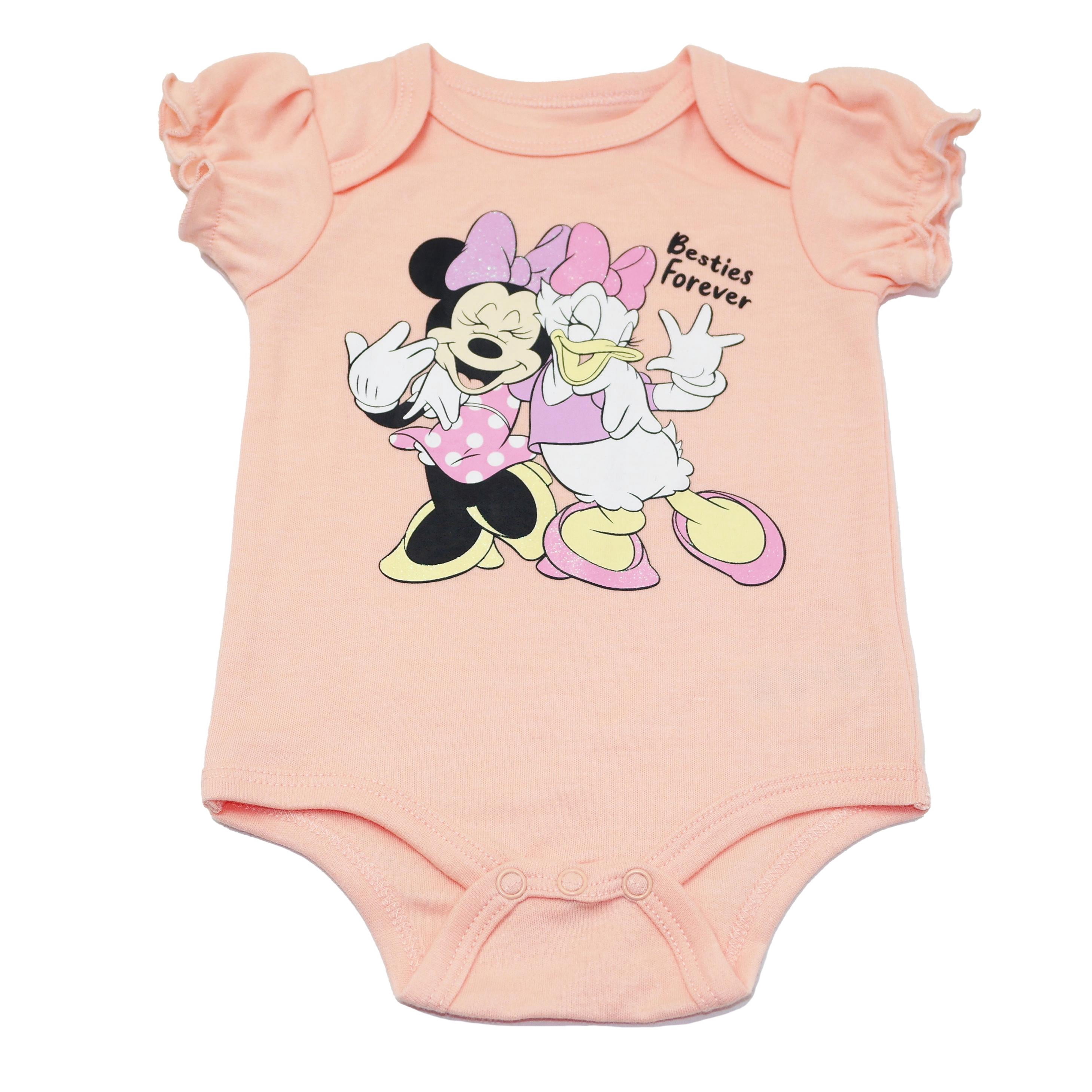 Disney Clothes Baby Girls 3-Pack Bodysuits – Minnie Mouse Short Sleeve Outfit Set (Pink/Purple) – 0/3M