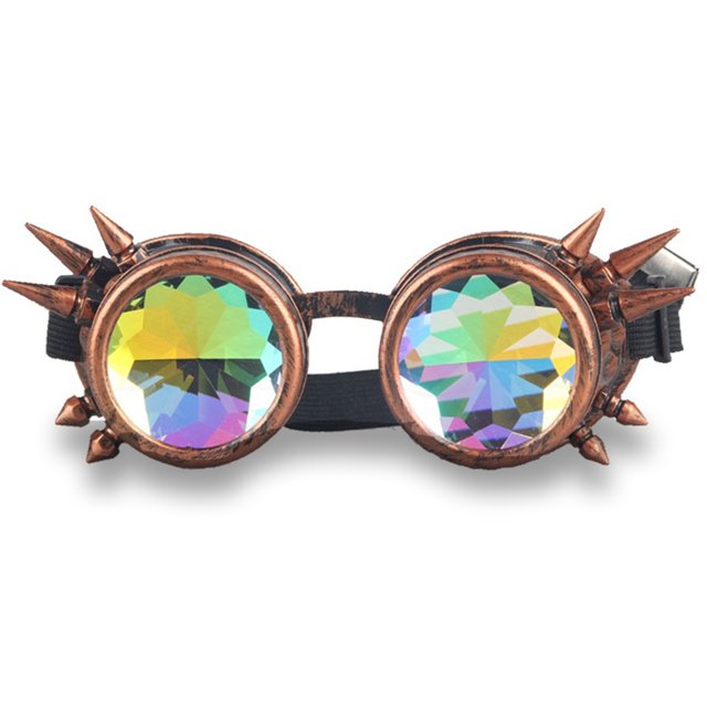 C.F.GOGGLE Rivet Kaleidoscope Rave Rainbow Crystal Lenses Steampunk Goggles, Black/ Copper/ Brass
