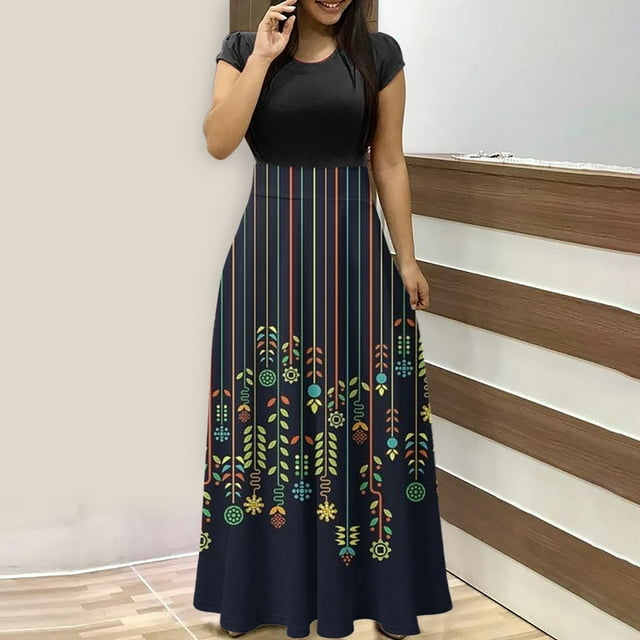 SMihono Robe Maxi Bohème d'Été pour Femmes Grande Taille Robe d'Été Colorée à Imprimé Floral pour Femmes Robes à Manches Courtes Robe Maxi Décontractée de Plage Robe Évasée de Plage