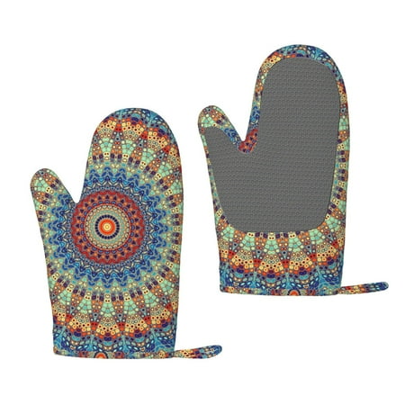 

Junzan Round Mandala for Oven Mitts 2 Piece Set BBQ Gloves Grilling Gloves Heat Resistant Oven Gloves Kitchen Silicone Oven Mitts for Barbecue/Cooking/Baking
