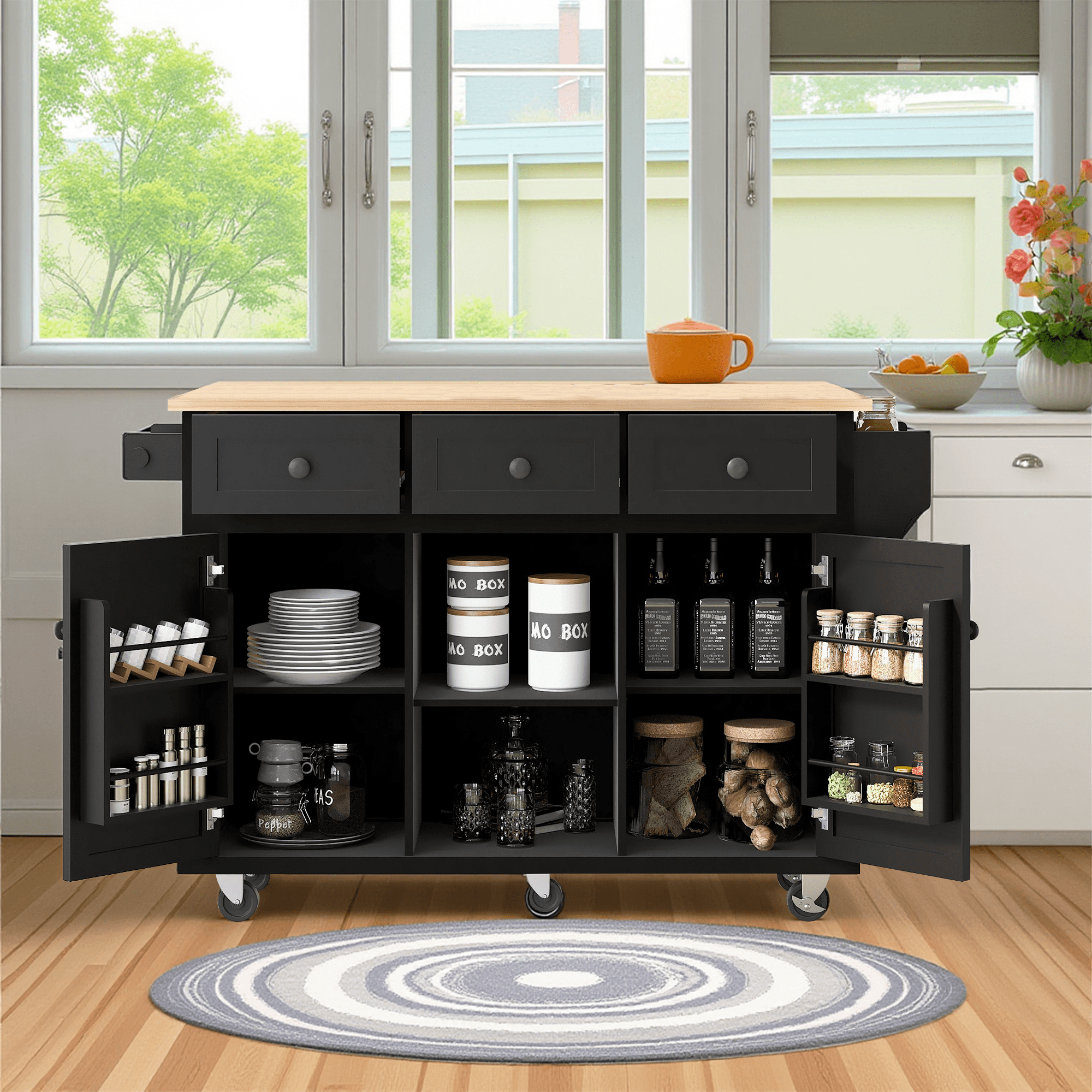 MAYEERTY Kitchen Island on 5 Wheels - Storage Cabinet & 3 Drawers for Dining Room, White