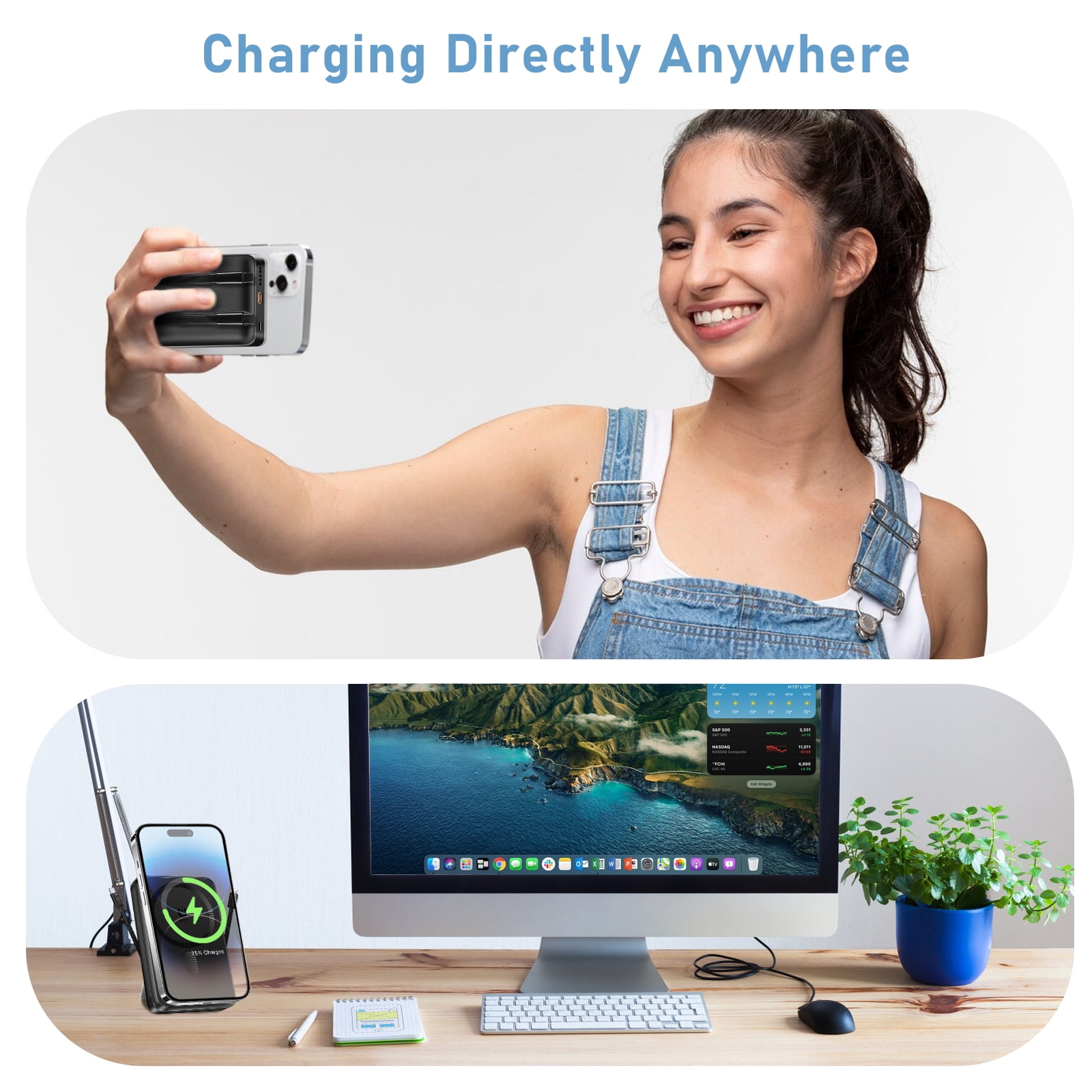 Yelomin Magnetic Wireless Portable Charger, 10000mAh Power Bank with Built in 2 Cables, Foldable Stand,22.5W Fast Charging Phone Charger Compatible with iPhone 17/16 Series, Samsung, Android, Black
