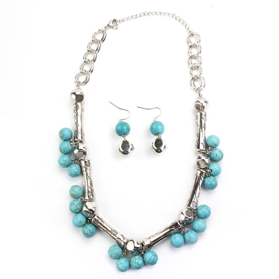 Turquoise Beaded Boho Statement Necklace and Earring Set with Silver Tone Accents Jewelry Necklace Earring Silver