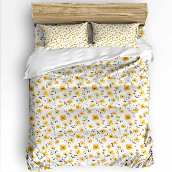 Yellow Flowers Full Size Comforter Set, Spring Floral Vintage Soft Bedding for All Seasons, 4 Pcs Bed Set with 1Comforter (86"x86") ,1 Sheet(80"x116"), 2 Pillowcases (19"x29")