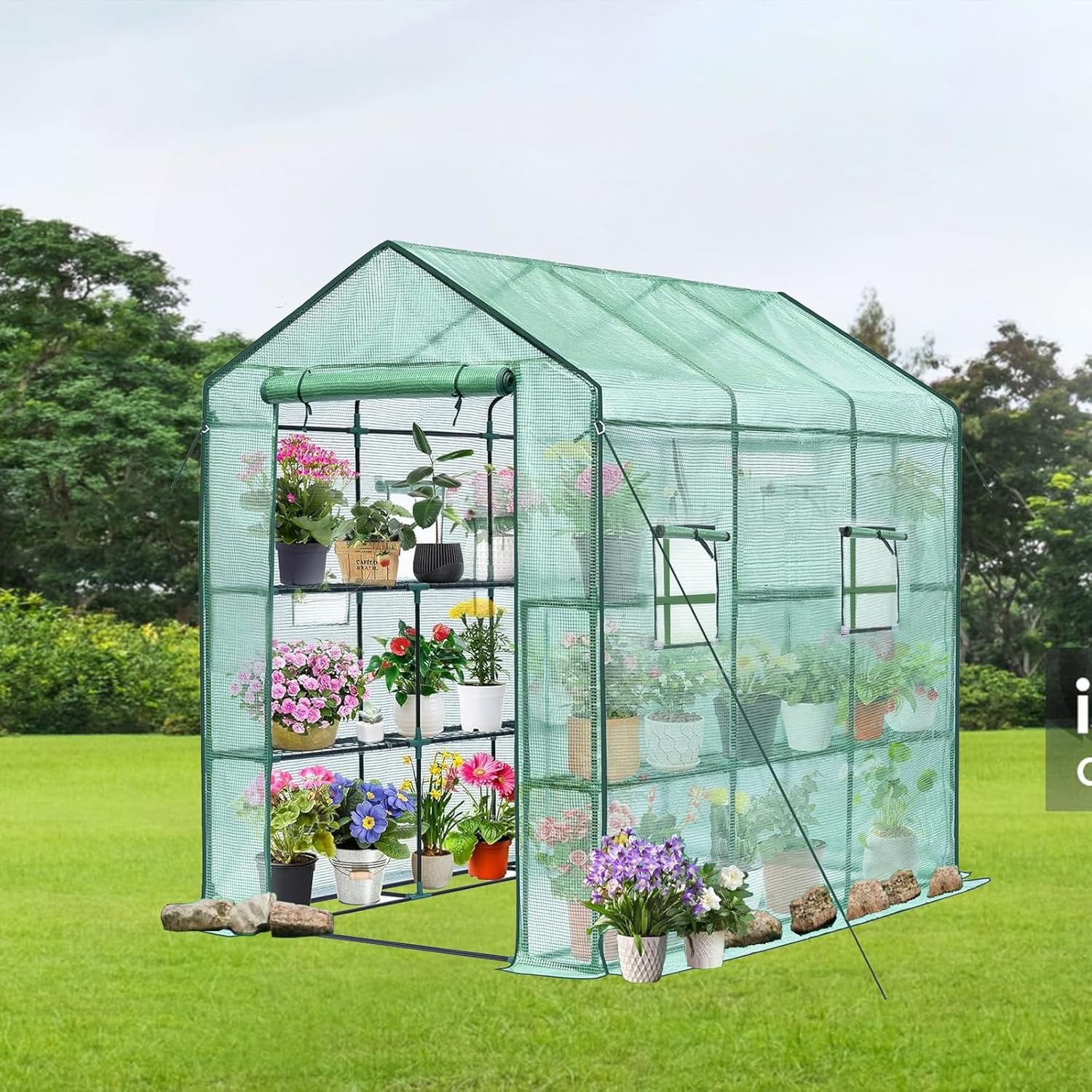 Riedhoff 85 x 57 x 77" Walk-in Greenhouse, Mesh Side Windows, Zipper Door & 8 Tier Shelves, Green
