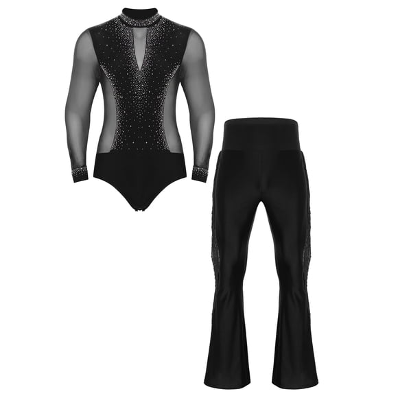 Mufeng Costume de Danse Latine pour Homme, Justaucorps à Manches Longues avec Strass et Pantalon Évasé à Franges pour Danse de Salon Salsa, Noir, M