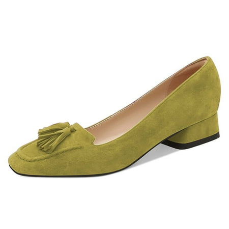 YDN Women Fashion Block Low Heel Loafers Slip On Square Toe Tassel Fringed Pumps Dressy Party Office Daily Shoes Size 5.5 Olive