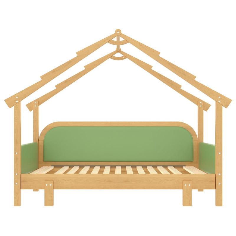 Bellemave Extendable Montessori House Bed, Wood Twin to King Daybed with Soft Cushion Rails, Double Twin Beds with Roof-Shaped, No Box Spring Needed (Natural+Green)