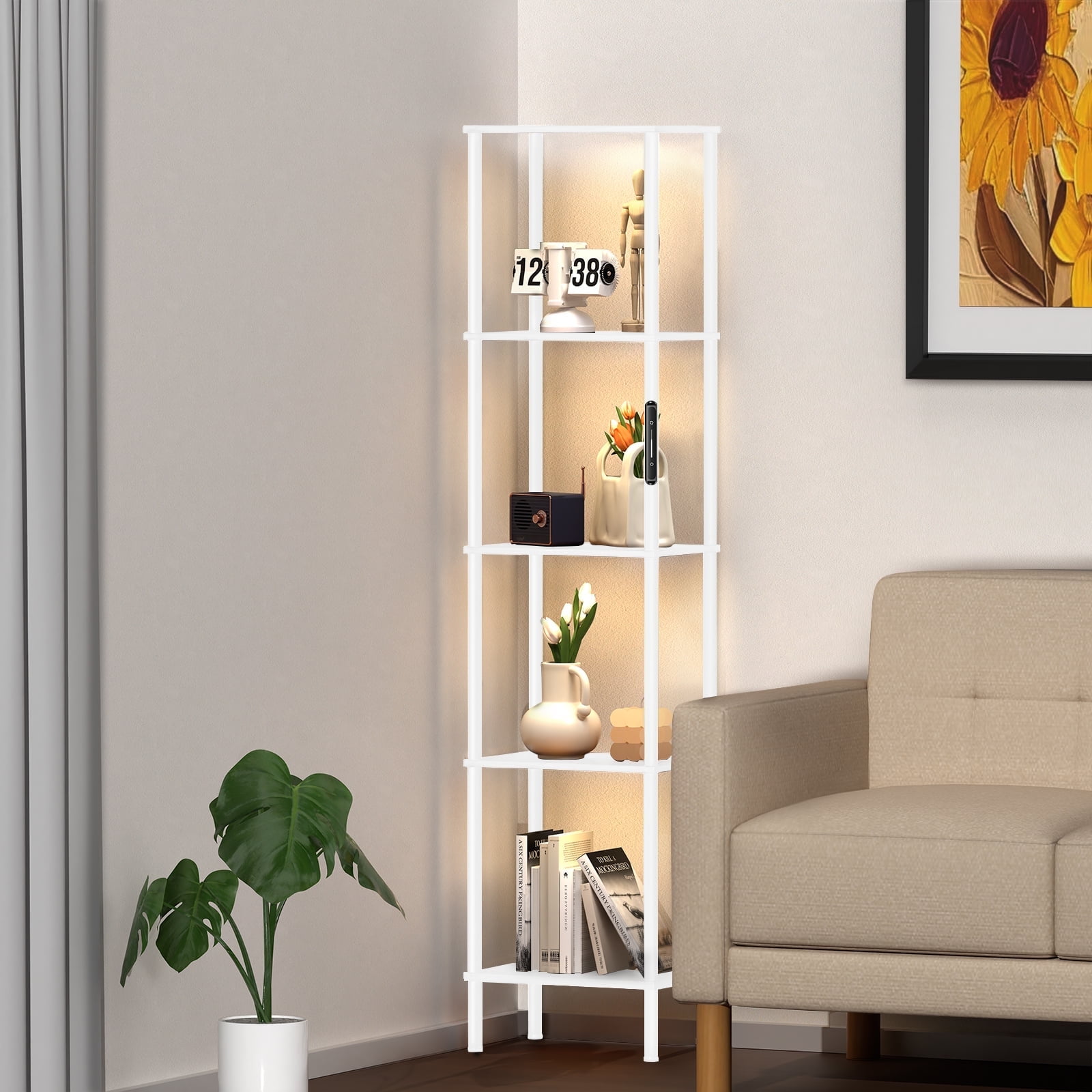 OUTONLIFE Display Shelf with LED Light Strip, 5-Tier Bookshelf, 66.5" Display Standing Shelf Units for Bedroom, Bathroom, Living Room, Kitchen, White