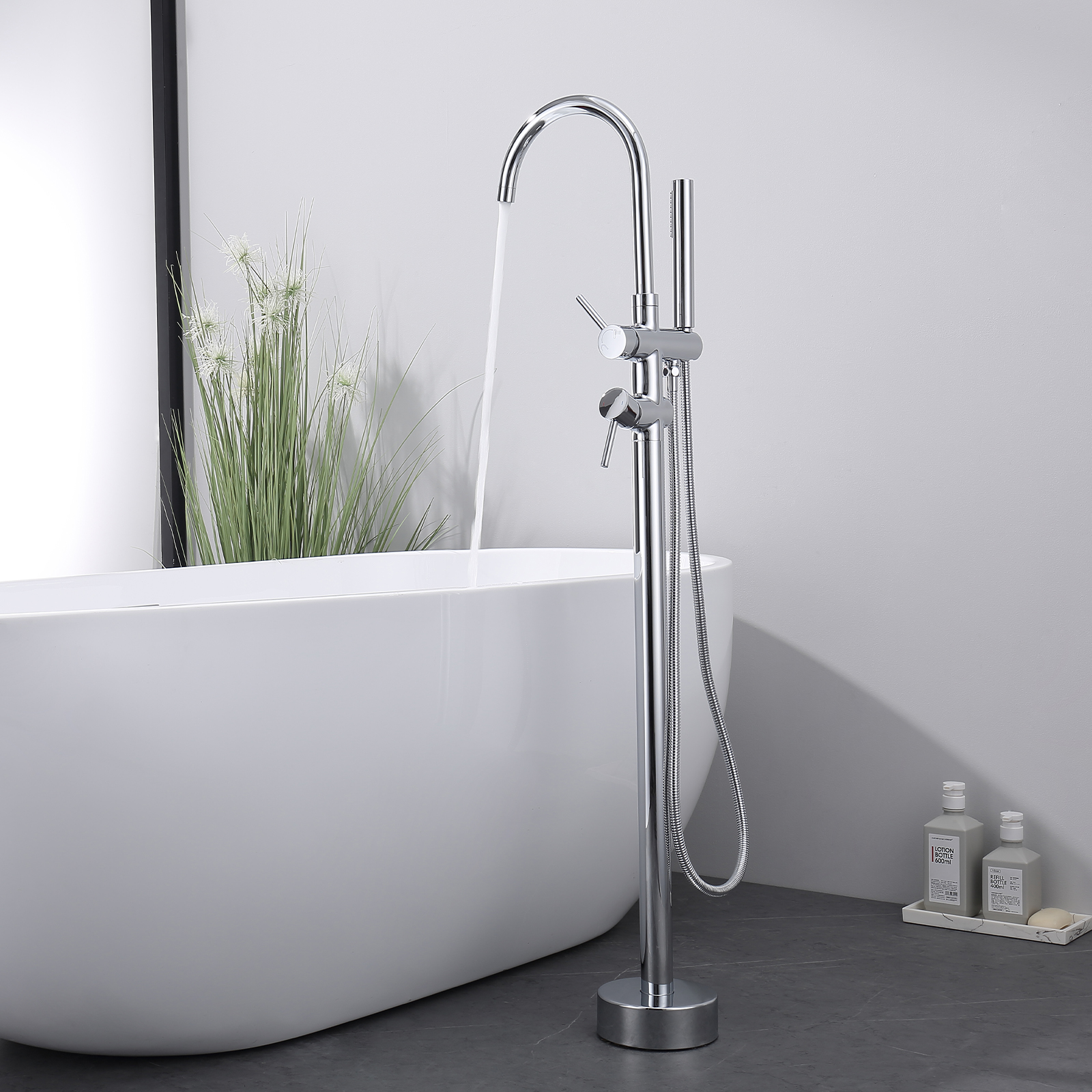 Dawot Floor Mount Bathtub Faucet, Polished Chrome Brass Bathroom Freestanding Tub Filler Single Handle Tub Spout, with Hand-held showerhead