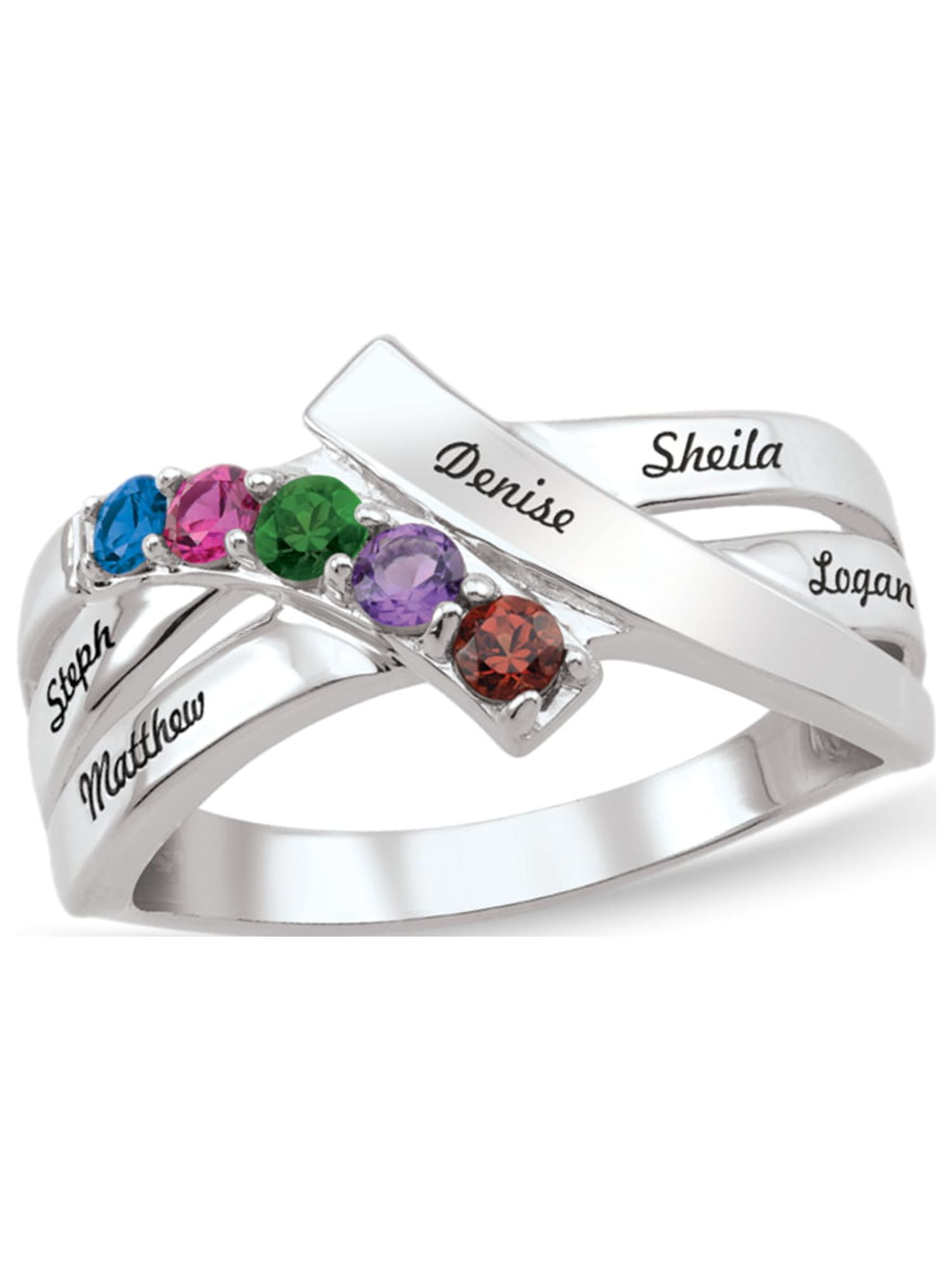 Personalized Bypass Engravable Birthstone Family Ring in 10K Gold by Jewlster
