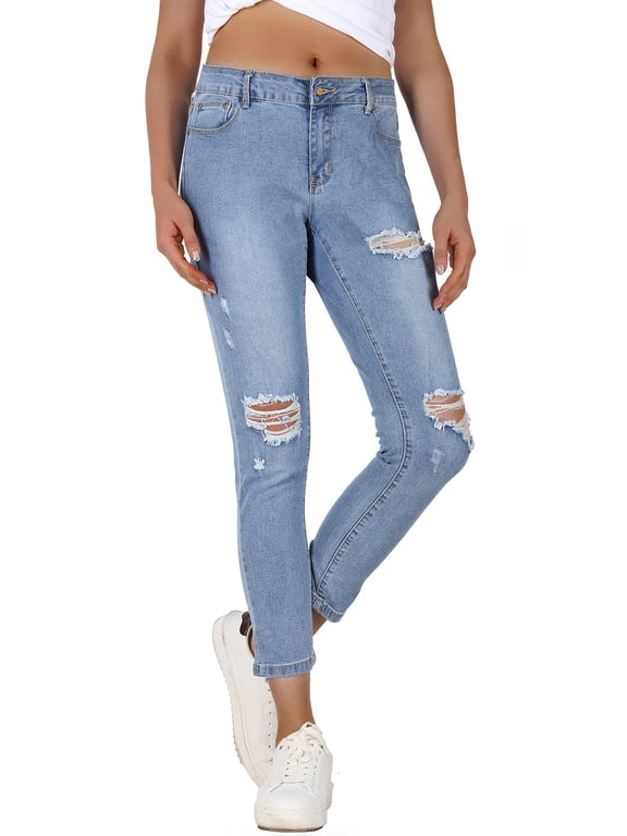 , Women's, Ripped Ankle Length Mid Rise 5 Pockets Comfy Skinny Jeans, Denim Light, 11