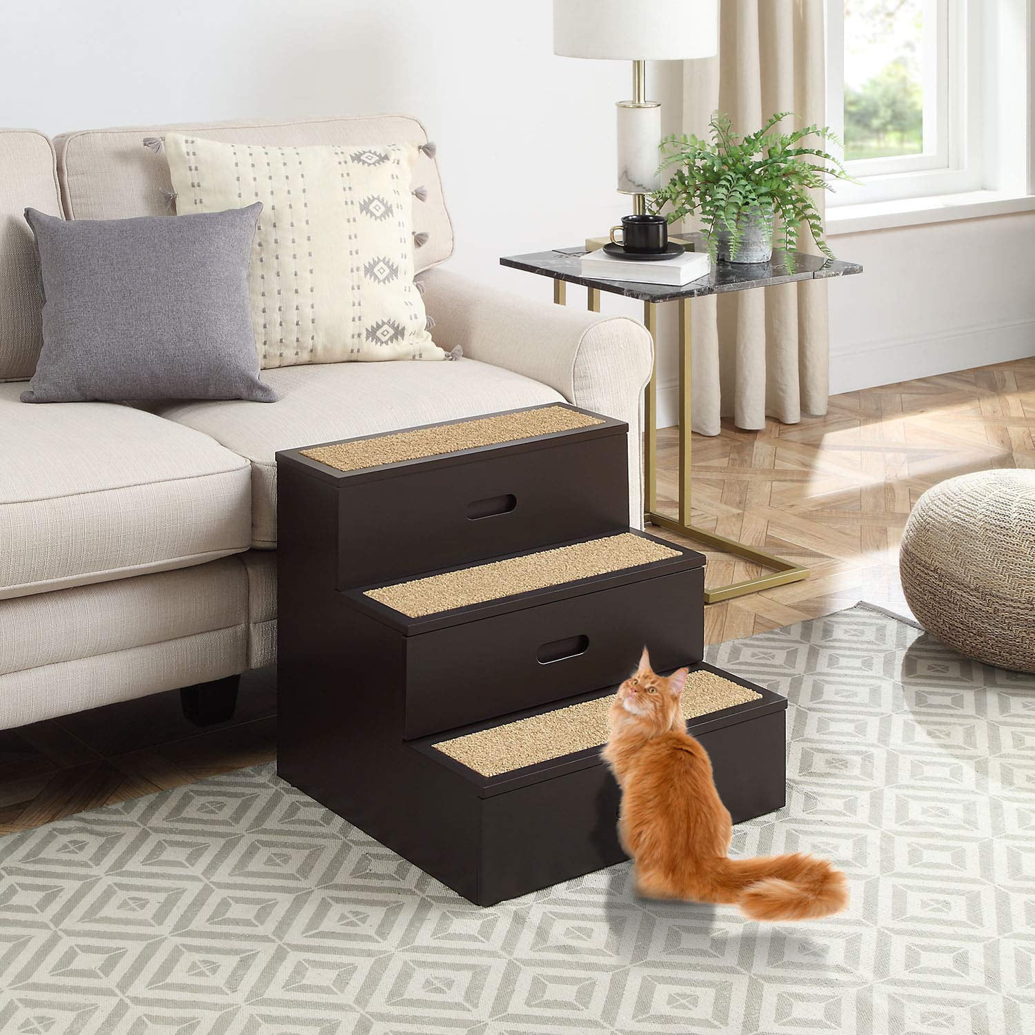 Unipaws Wooden Pet Stairs with 2 Storage Drawers, 3 Nonslip Steps for