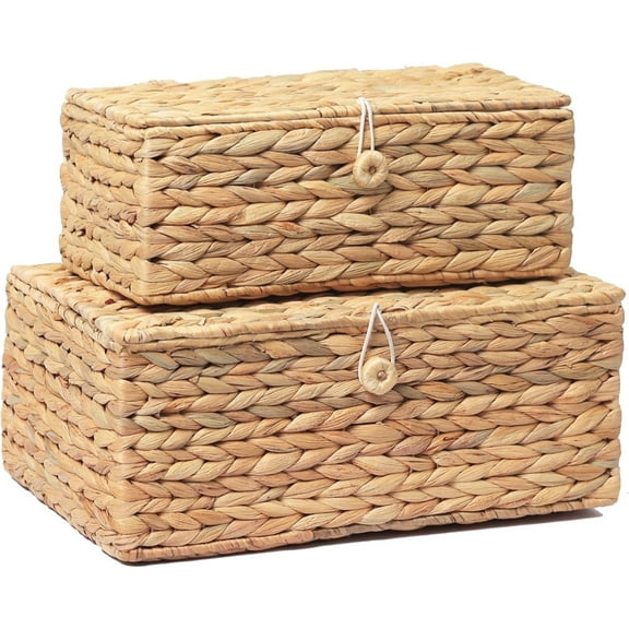 Set of 2 Rectangular Wicker Storage Bins with Lid, Rattan Basket Decorative Boxes, Multipurpose Organizer Display Boxes for Shelf Organizer, Boho Rattan Box for Home Decoration