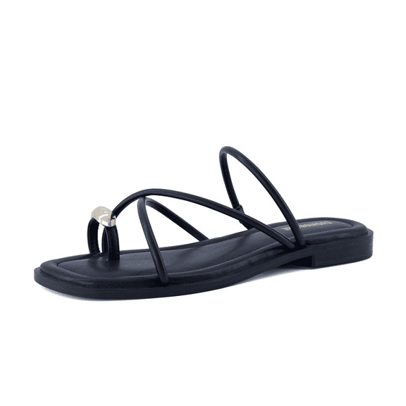 Cushionaire Venue Women’s Strappy Toe-Loop Slide Sandals with Gold-Tone Accent & Memory Foam Comfort | Minimalist Summer Sandals for Women with Wide Widths Available