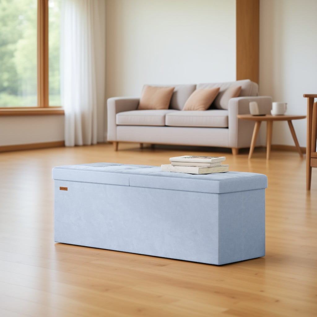 LEDREM 43" Storage Ottoman Bench with Flipping Lid, Foldable MDF Seat with Divider, 660 lb Capacity for Entryway, Living Room, Bedroom, Velvet Footstool, Pale Blue