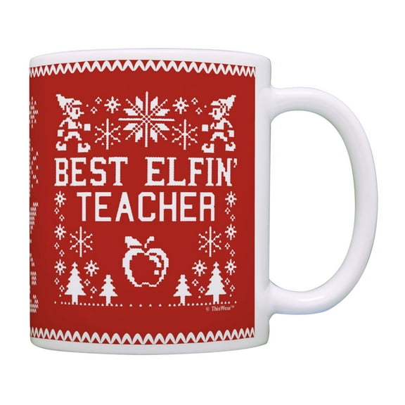 ThisWear Ugly Christmas Mugs Best Elfin Teacher Ever Fun Xmas Gifts for Teachers Coffee Mug Red