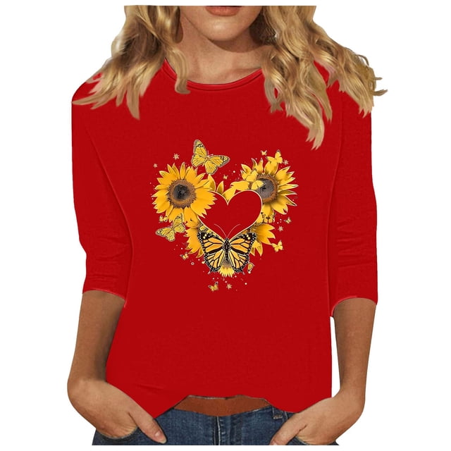 Tnhcen Chemises à Manches 3/4 pour Femmes avec Imprimé Floral d'Automne et Col Rond - Basiques Décontractés Grande Taille P-3TG