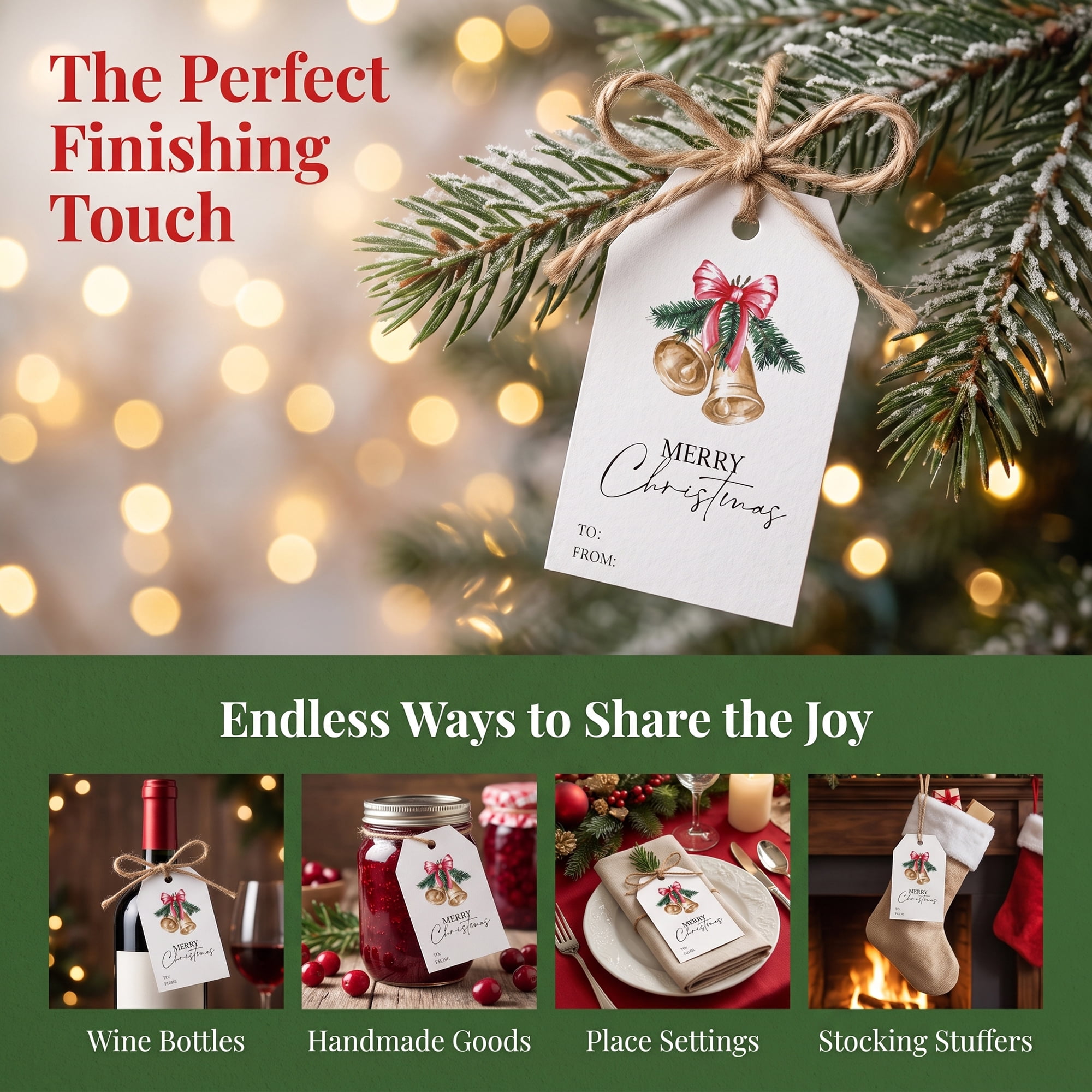 Unique Bargains 100Pcs Thick Gift Wrapping Tags with Twine Bell Pattern 2" x 3.1"