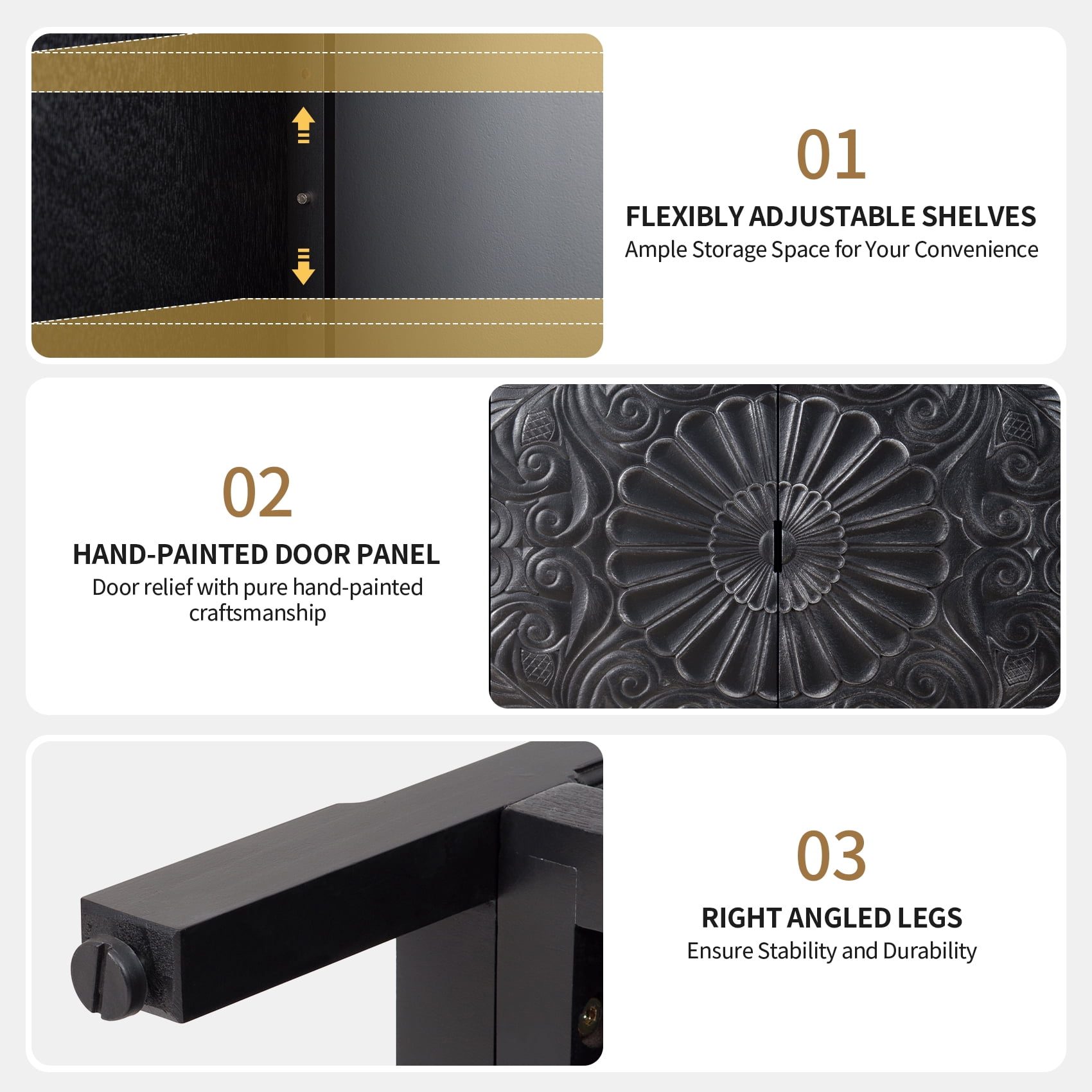 Hand-Carved Accent Cabinet with Floral Embossed Drawer and Doors, Wooden Storage Cabinet and Sideboard with Gold Handles for Entryway Living Room, Black