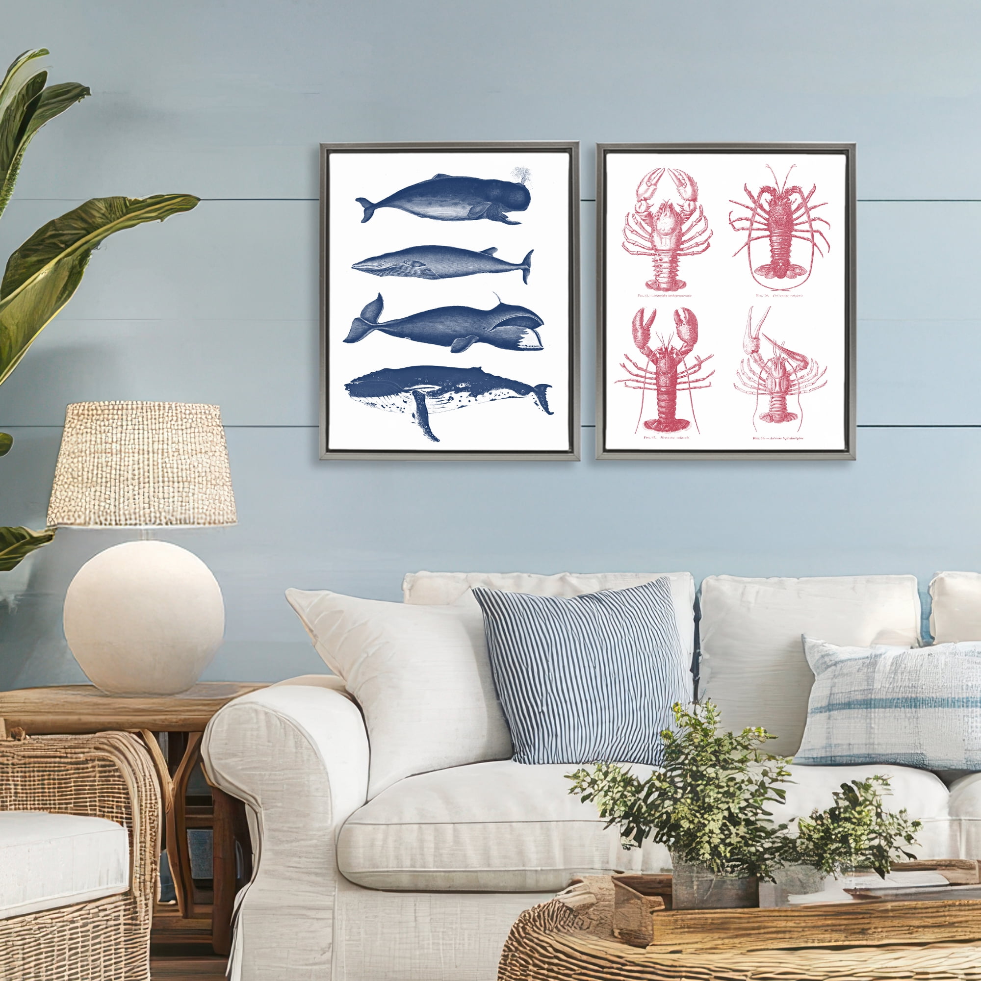 Marine Whales & Lobsters 2 Piece Gray Framed Floater Canvas Set, design by Lettered and Lined