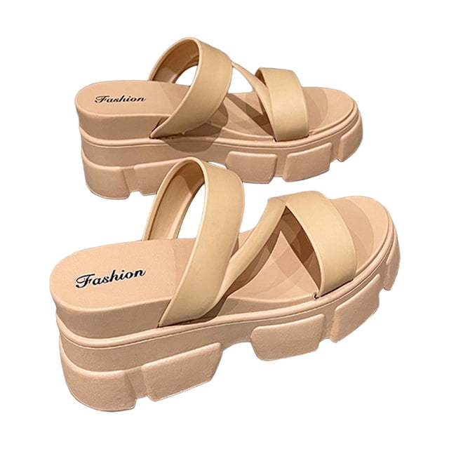 Platform Sandals Women Slide Thick Sole Open Toe Solid Color Soft Sole Non Slip Beach Summer PVC Slide Sandals Khaki