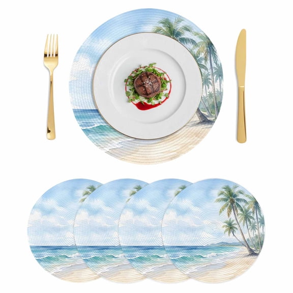 Summer Beach Palm Tree Round 15 Inch Placemats Set of 4, Blue Coastal Tropical Ocean HeatResistant Non Slip Place Mats for Dining Table, Wipeable Braided Kitchen Table Mats for Housewarming