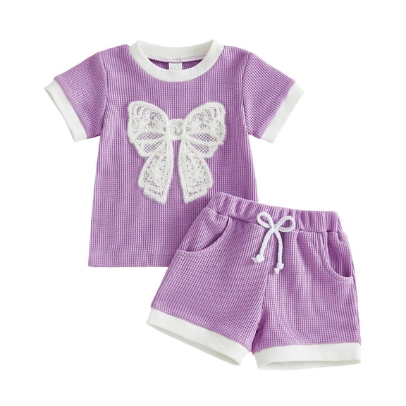 Girls Waffle Knit Bow Outfit Set Kids Summer Clothes Short Sleeve Top with Pockets Purple Two Piece Casual Playwear,Size 6 Months