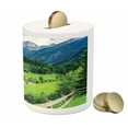 thumbnail image 3 of Mountain Piggy Bank, Alpine Landscape with Meadow Cottages and Pines Stream in Village View Print, Ceramic Coin Bank Money Box for Cash Saving, 3.6" X 3.2", Green White, by Ambesonne, 3 of 4