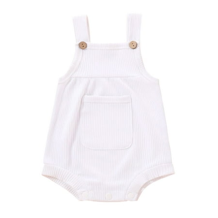 

TUOBARR Newborn Infant Baby Boys Girls Ribbed Solid Pocket Bodysuit Suspender Romper White (0-18Months)