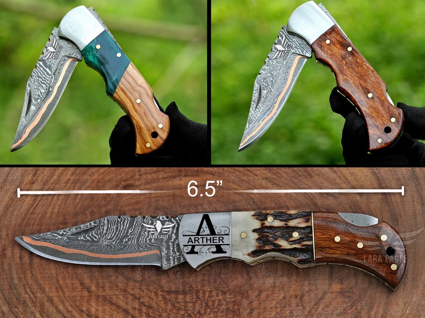 Lara Eagle Handmade Copper Damascus Folding Knife for Men – Copper Pocket Knife with Leather Sheath – Outdoor, Camping, Hunting & Survival Gift for Father, Husband