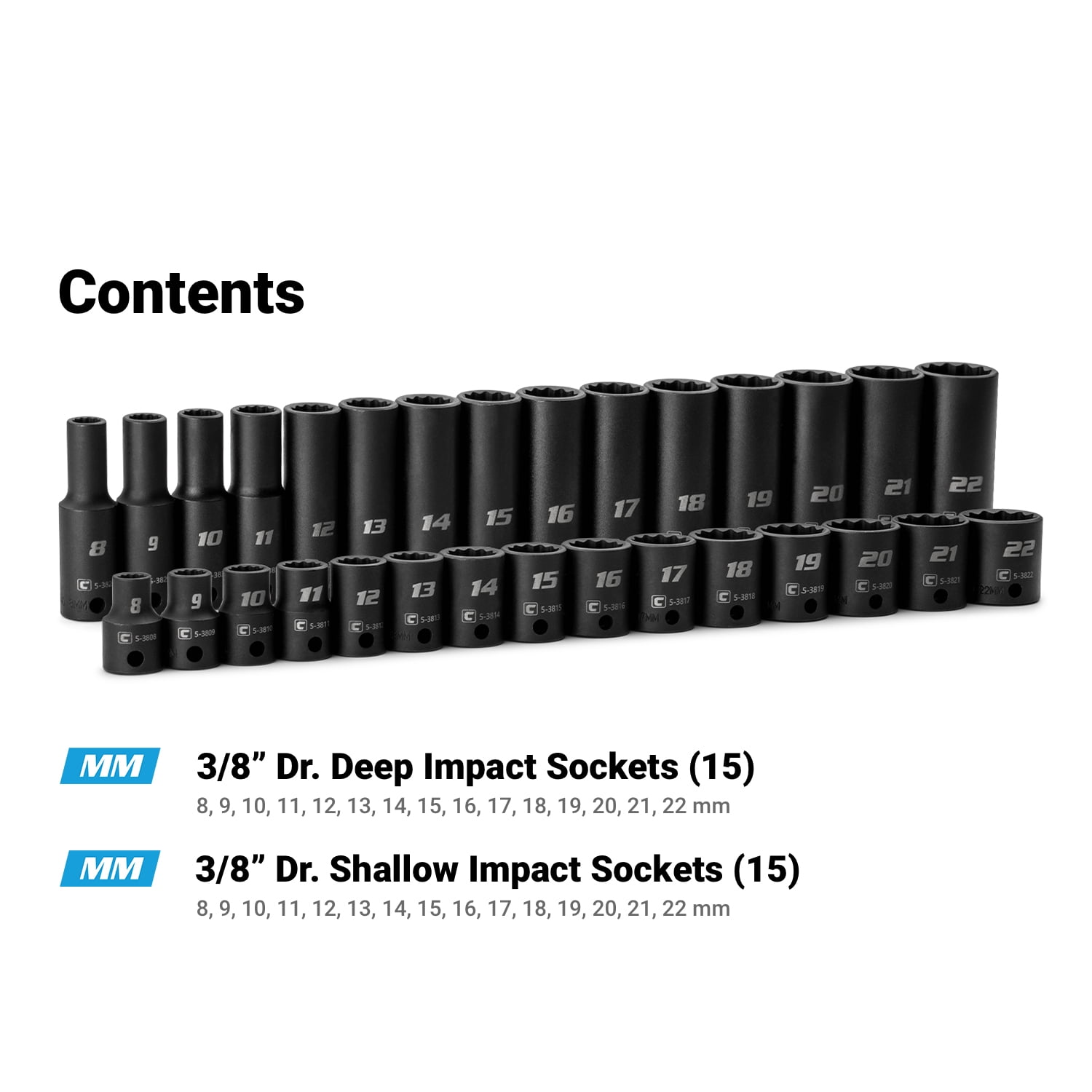 Capri Tools 3/8 in. Drive Shallow and Deep Impact Socket Set,, 12-Point, Metric, 8 to 22 mm, 30-Piece
