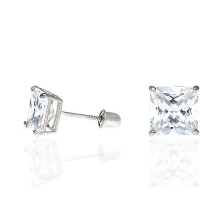 Screw Back Signed - 2Ct Created Diamond 14K White Gold Princess Cut Screw Back Stud Earrings 6mm