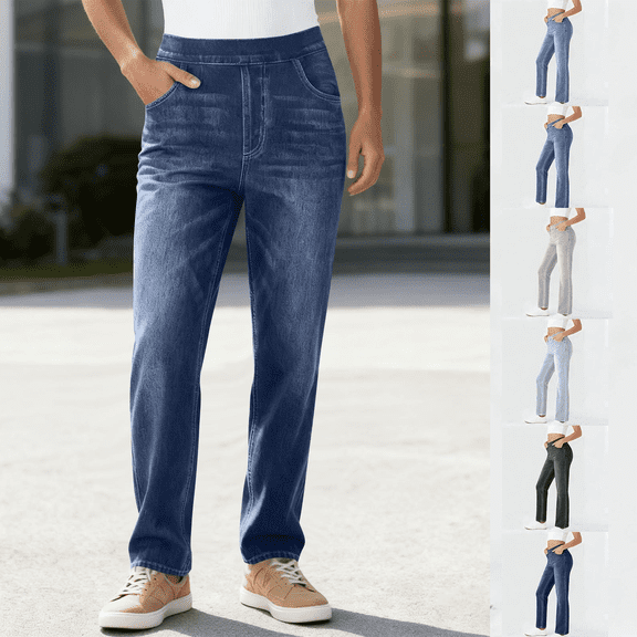 Women's Wide Leg False Jeans Stretch Soft Elastic Waist Pants with Pockets Solid Color Pant for Work and Casual