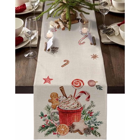 Christmas Table Runner 90 Inches Long, Gingerbread Man Coffee Cappuccino Vintage Kitchen Dining Table Decoration Winter Holiday Table Runner for Home Party Decor 13x90 Inch