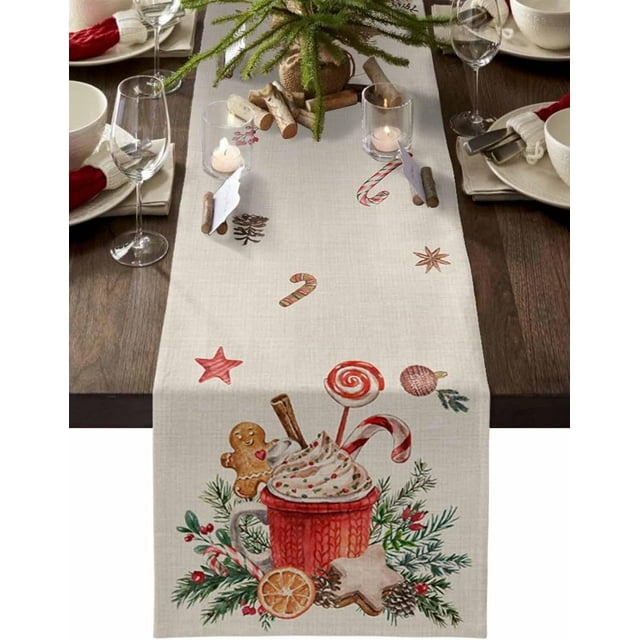 Christmas Table Runner 90 Inches Long, Gingerbread Man Coffee Cappuccino Vintage Kitchen Dining Table Decoration Winter Holiday Table Runner for Home Party Decor 13x90 Inch