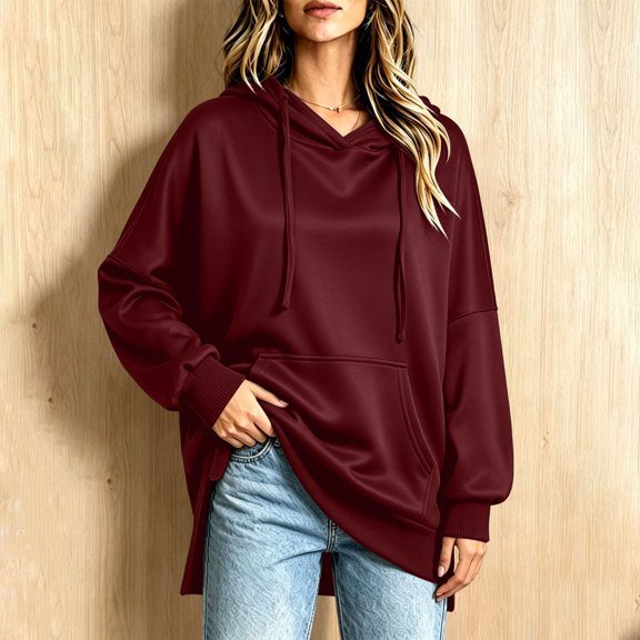 Women Oversized Hoodie Sweatshirt Side Slit Soft Fleece Pullover with Pocket Loose Fitting Casual Fall Tunic Tops Wine Oversized Hoodies for Teen Boys L